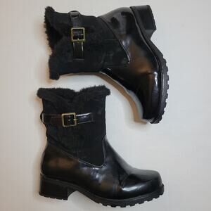 Trotters Blast Too Black Patent Winter Boots Suede Faux Fur Lined w/ Buckle Sz 6